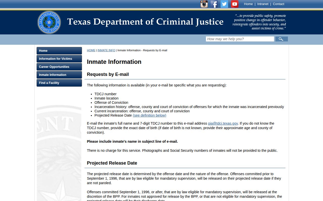 TDCJ projected release information for Cass County inmates