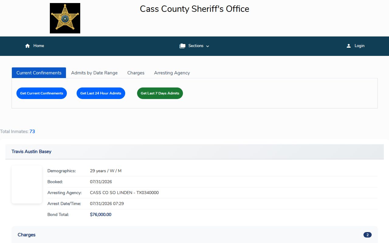 Cass County inmate confinement portal showing admission filters